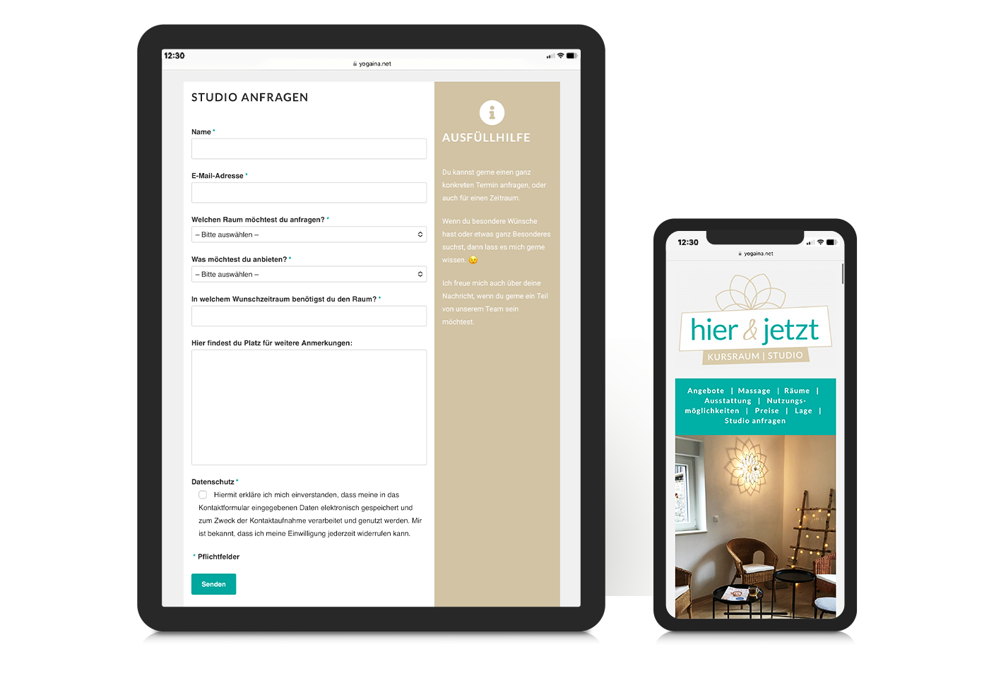 Responsives Webdesign der Studioseite "hier&jetzt" für Yogatrainerin "YOGAINA" – Karina Samtleben