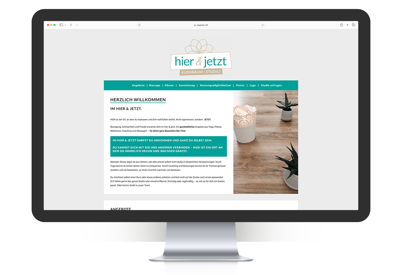 Wordpress-Website der Studioseite "hier&jetzt" für Yogatrainerin "YOGAINA" – Karina Samtleben inklusive responsivem Webdesign