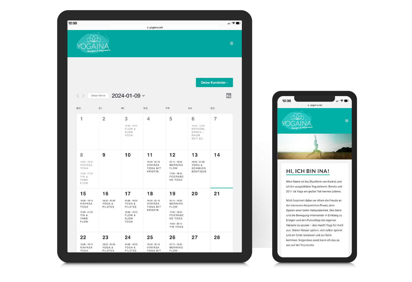 Responsives Webdesign inklusive Kalender für Kursübersicht für Yogatrainerin "YOGAINA" – Karina Samtleben